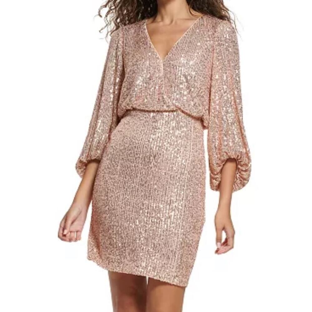 Eliza J Sequined Blouson Shift Dress- Rose Gold Size 4